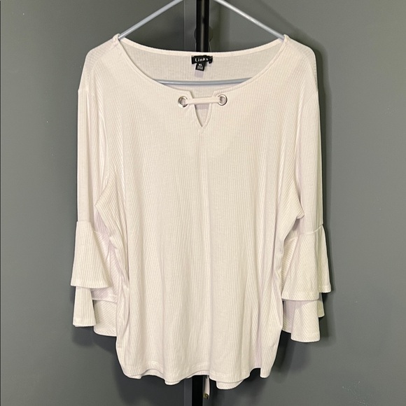 links Tops - Link Cream Ribbed Boatneck Top with Grommet Tie & Tiered Ruffle Sleeves